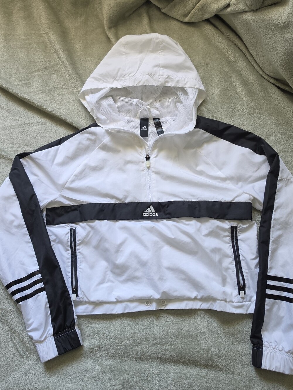 adidas White and Black Hooded Anorak Windbreaker